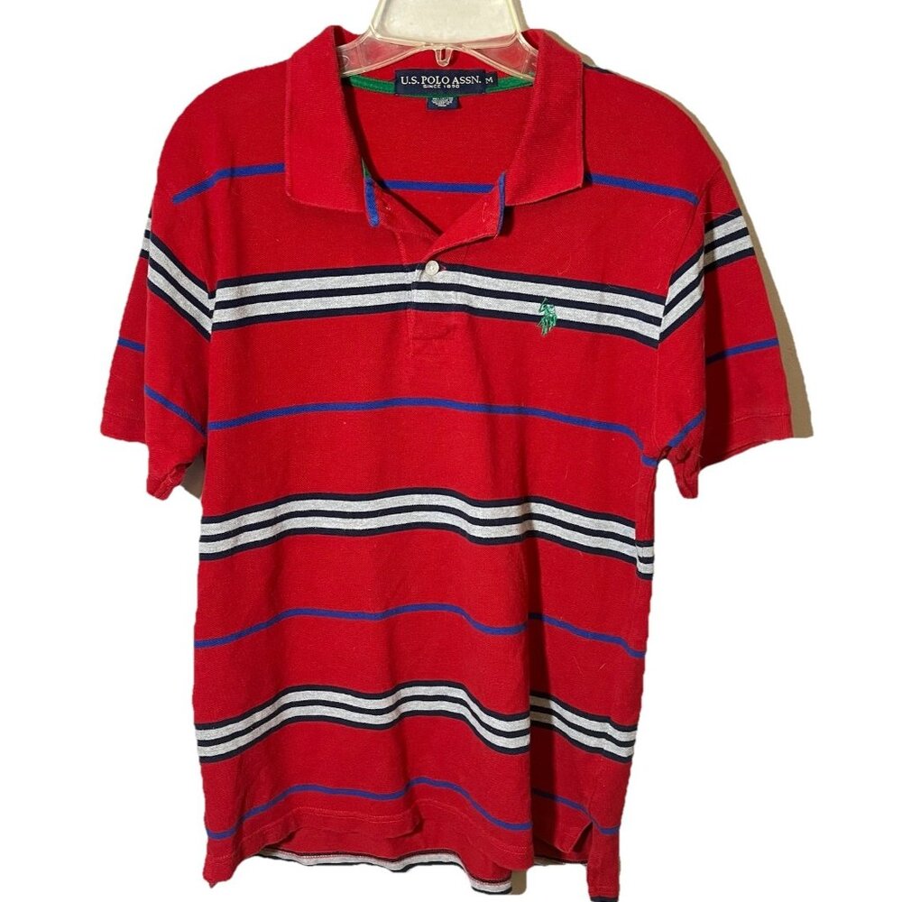 US Polo Assn. Shirt Pullover Short Sleeve Striped 2 Button Front Red Blue Sz M